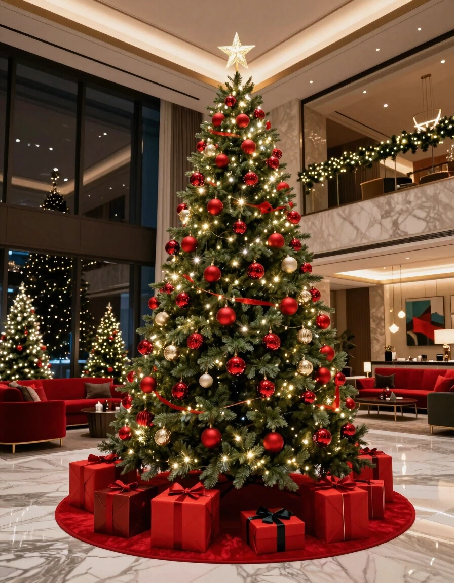A lavish Christmas tree in a modern lobby, surrounded by red gifts and decorated with red ornaments and white lights.