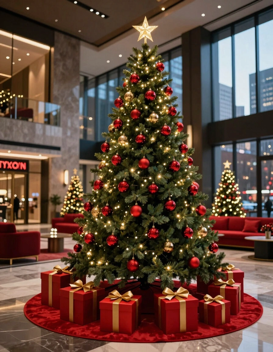 A lavishly decorated Christmas tree in a modern lobby setting, surrounded by red gifts and a plush rug, creating a warm and inviting holiday atmosphere.
