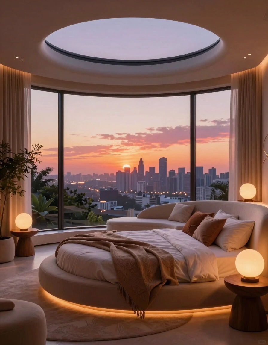 A luxurious bedroom with a circular bed and a large window showing a city view at sunset.