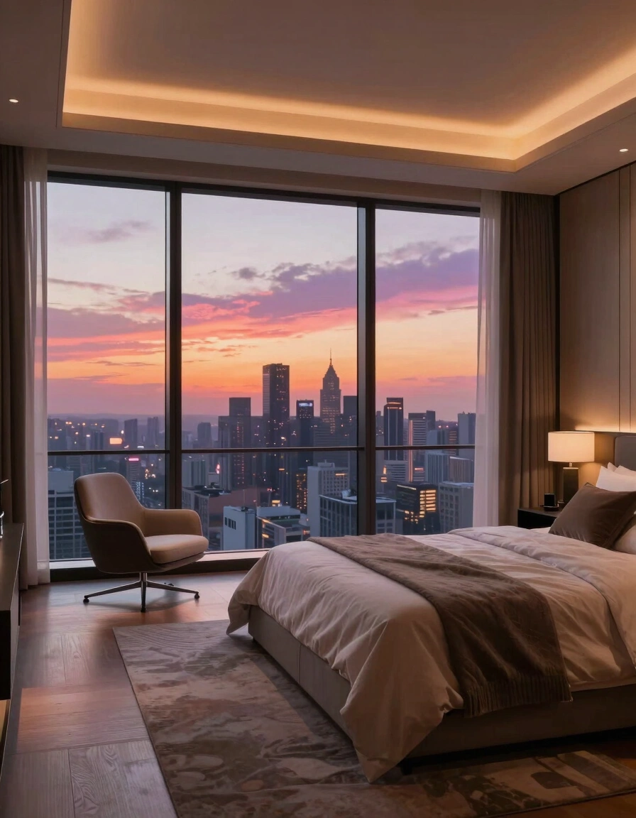 A luxurious bedroom with a city view at sunset, featuring minimalist decor and plush bedding.