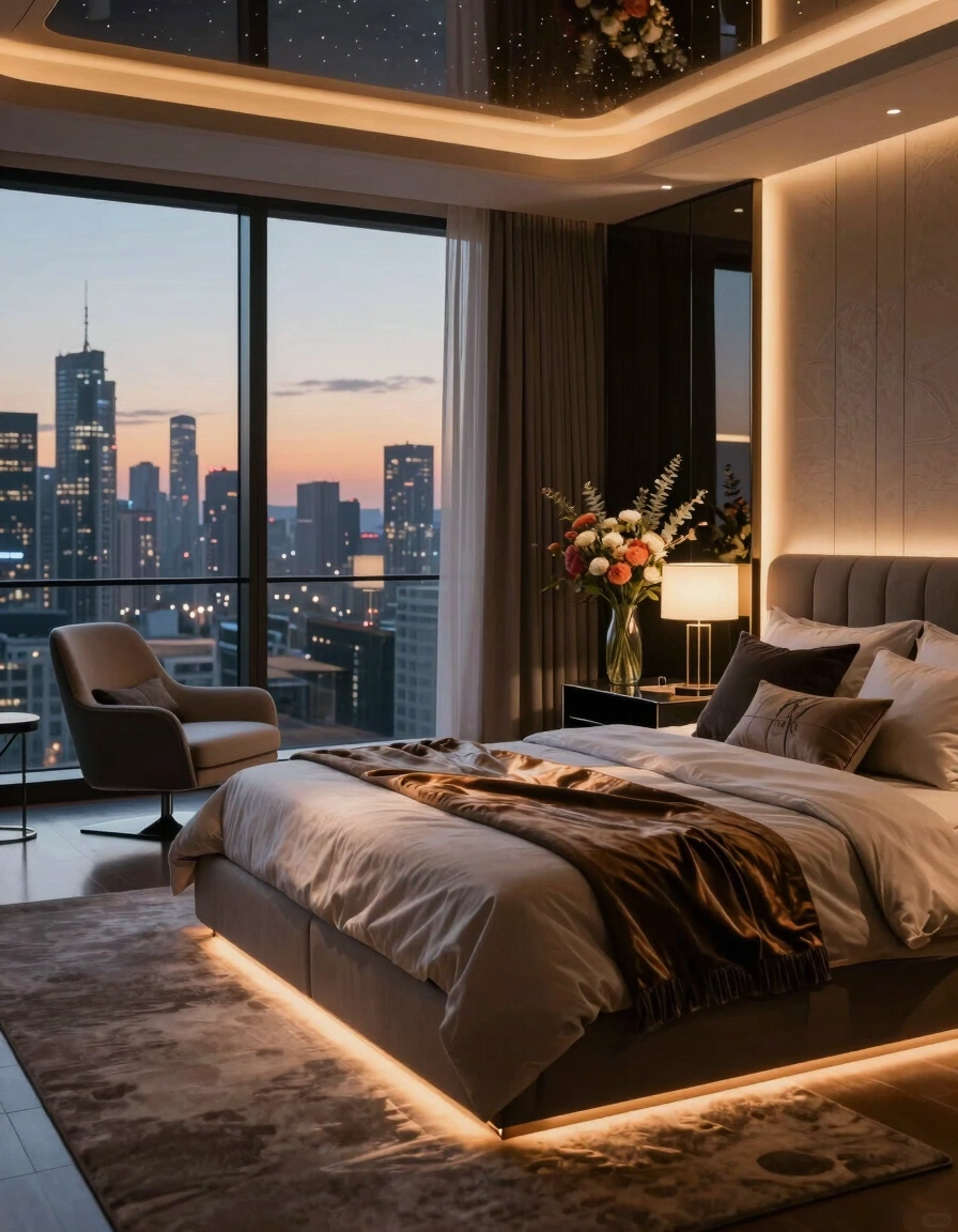 Luxurious bedroom with city view, modern furniture, and ambient lighting