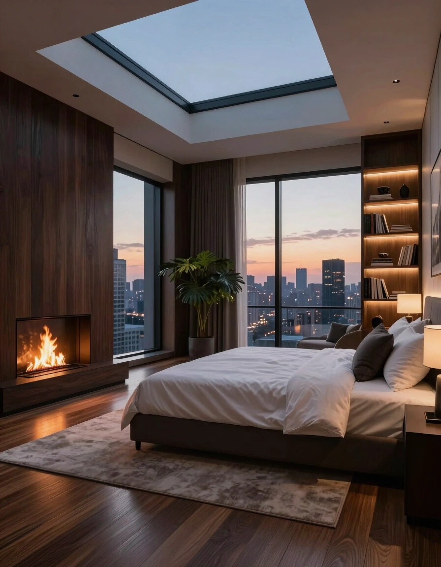 Modern bedroom with city view, white bed, fireplace, and dark wood paneling.