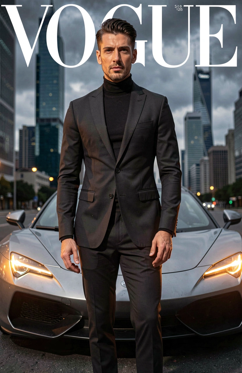 Man in black suit standing confidently in front of a silver sports car with a city skyline behind.