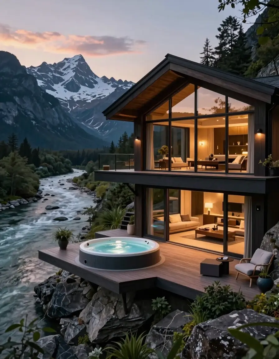 A luxurious, modern chalet with large glass windows and a cantilevered deck featuring a round hot tub, situated on a rocky cliffside overlooking a river and mountains.
