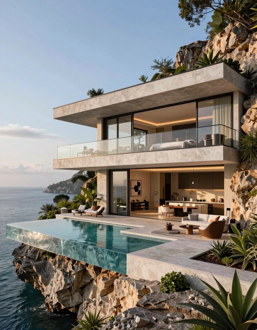 A modern, multi-level house on a cliffside with glass balconies and lush greenery.