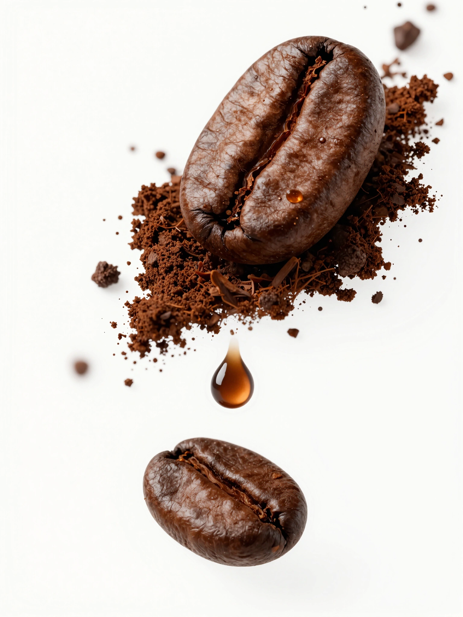 A single coffee bean releasing coffee grounds and droplets against a white background