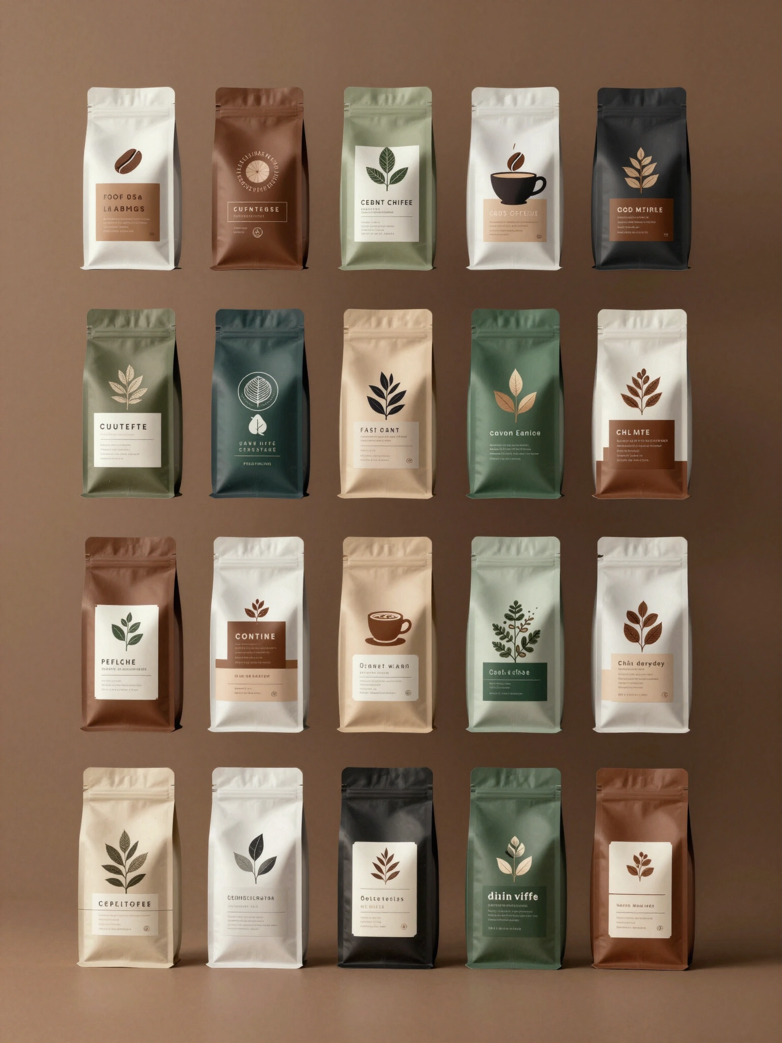 Collection of 20 coffee bags with diverse designs and colors