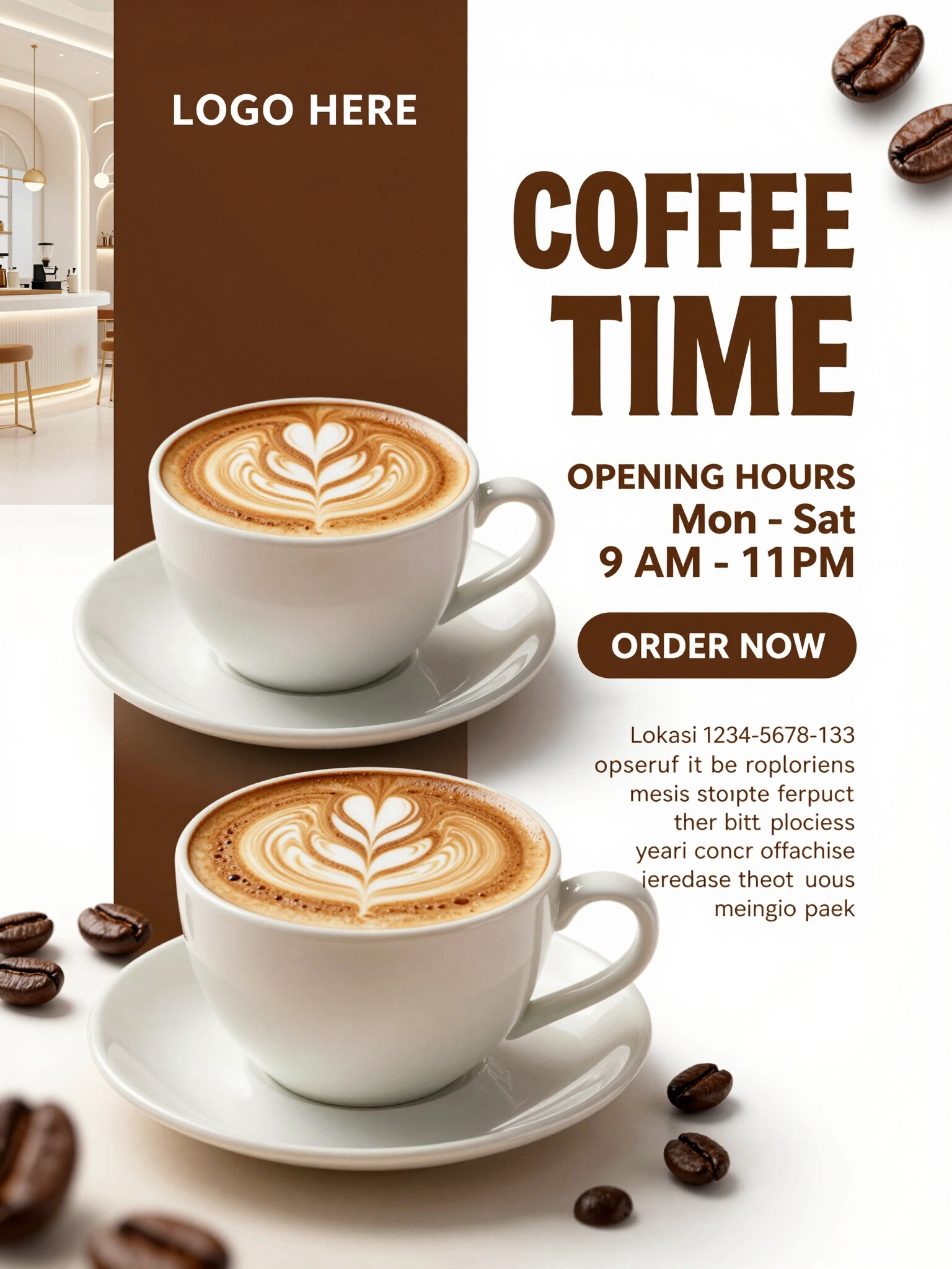 Elegant coffee shop ad with a large cup of coffee and latte art on a saucer, surrounded by coffee beans and featuring a prominent 'COFFEE TIME' header and 'ORDER NOW' call-to-action.