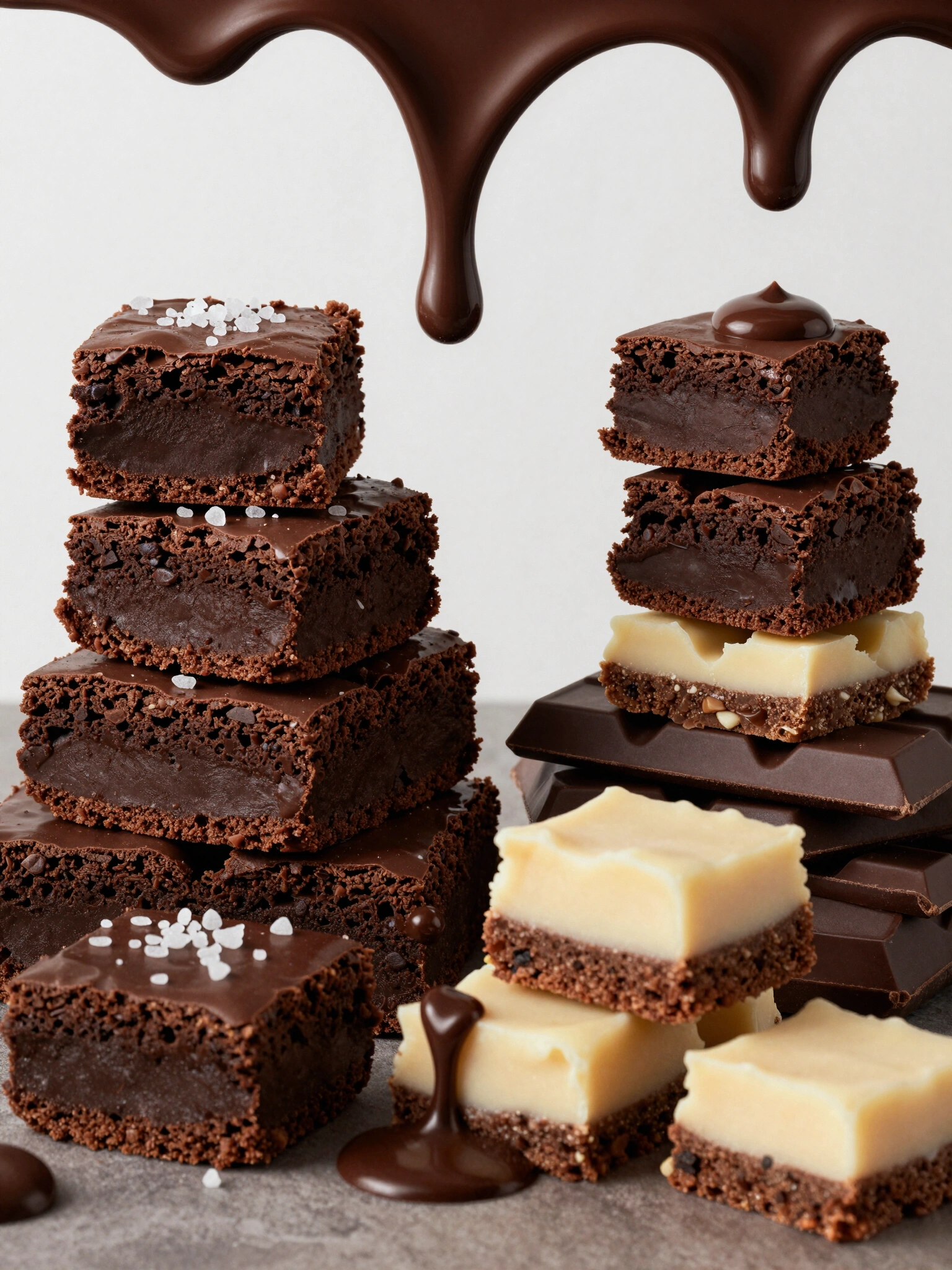 Assorted chocolate and vanilla desserts arranged against a textured white background with dripping chocolate sauce.
