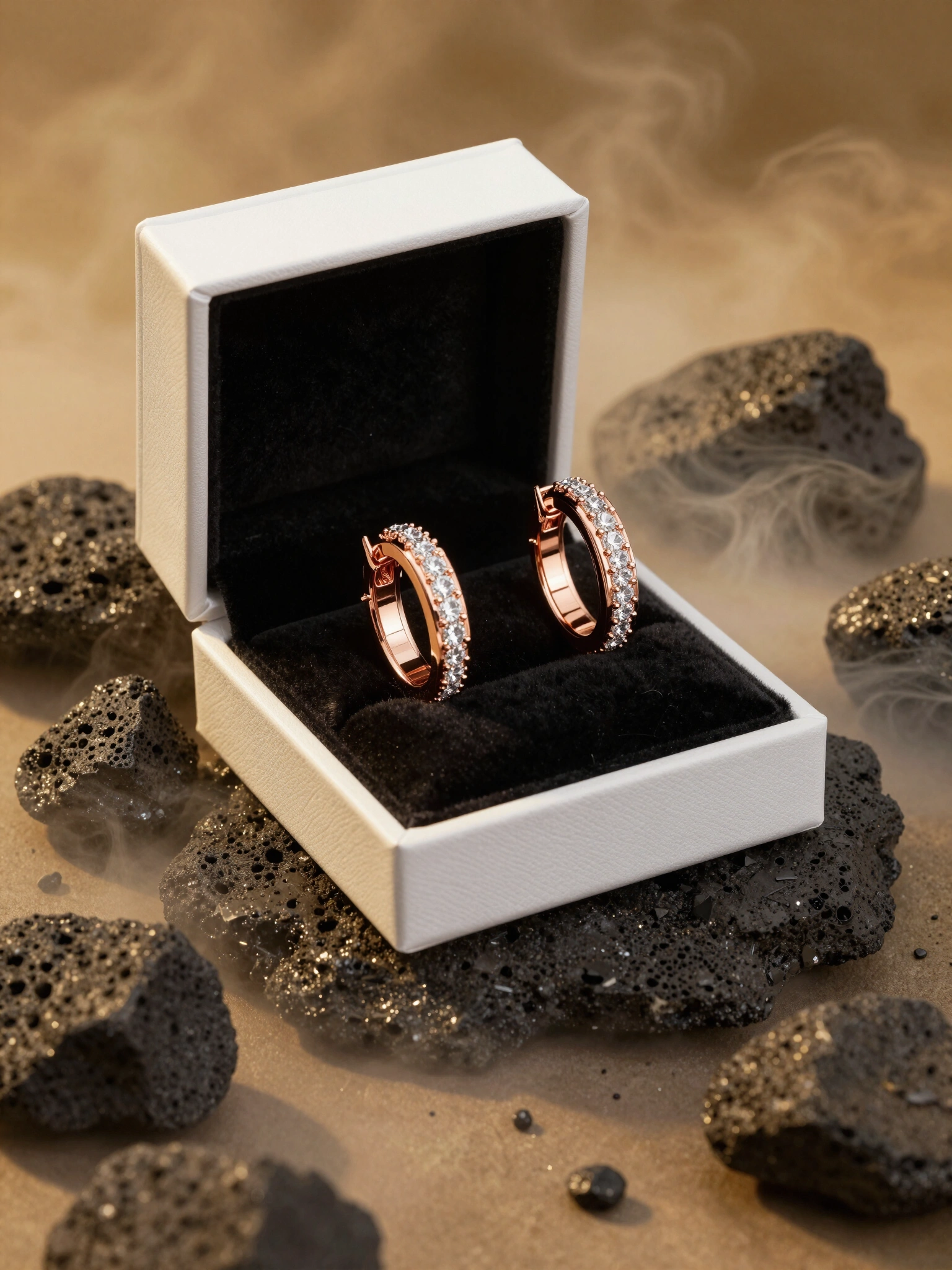 Luxury diamond hoop earrings in white jewelry box with black velvet, surrounded by golden smoke and dark rocks.