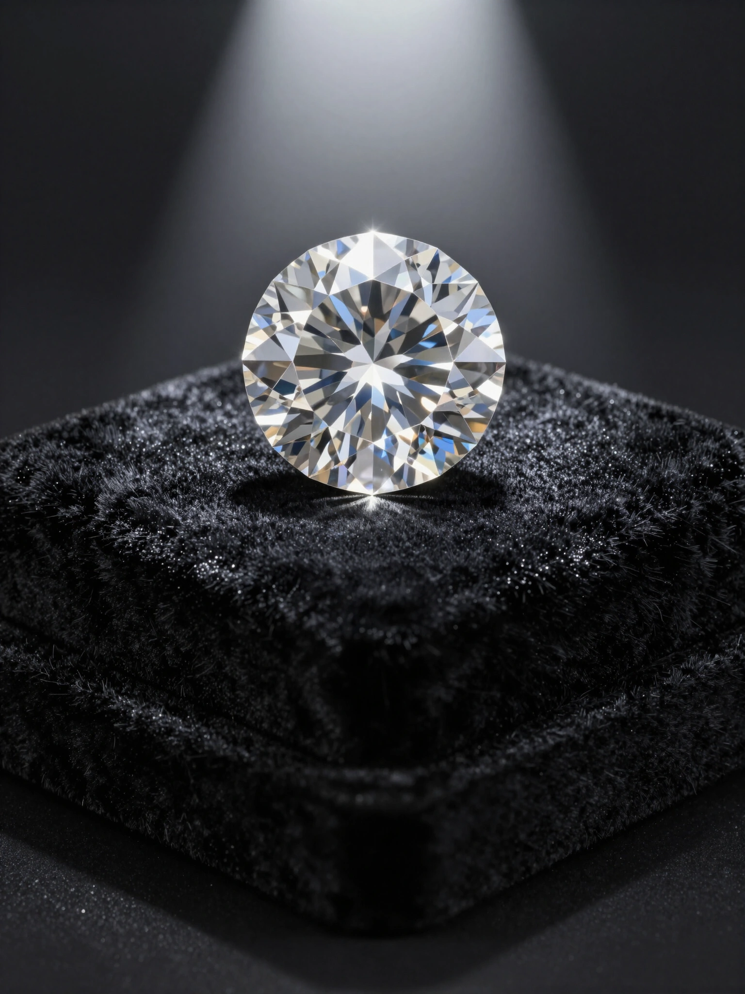 Large round brilliant cut diamond on black velvet with spotlight