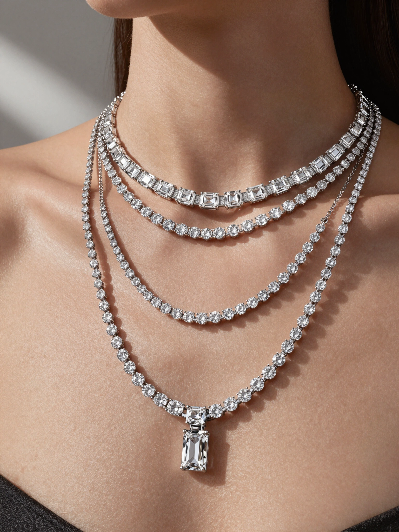 Woman wearing three diamond necklaces with varying diamond cuts and chain styles, illuminated by natural light with foliage shadows.