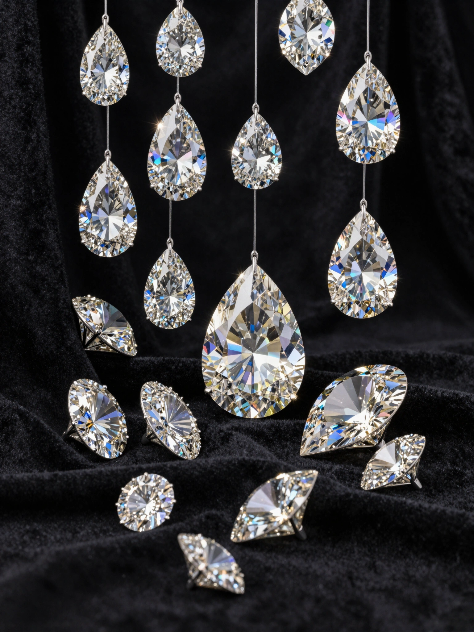 Luxurious diamond mobile installation with diverse diamond shapes and sizes on black velvet