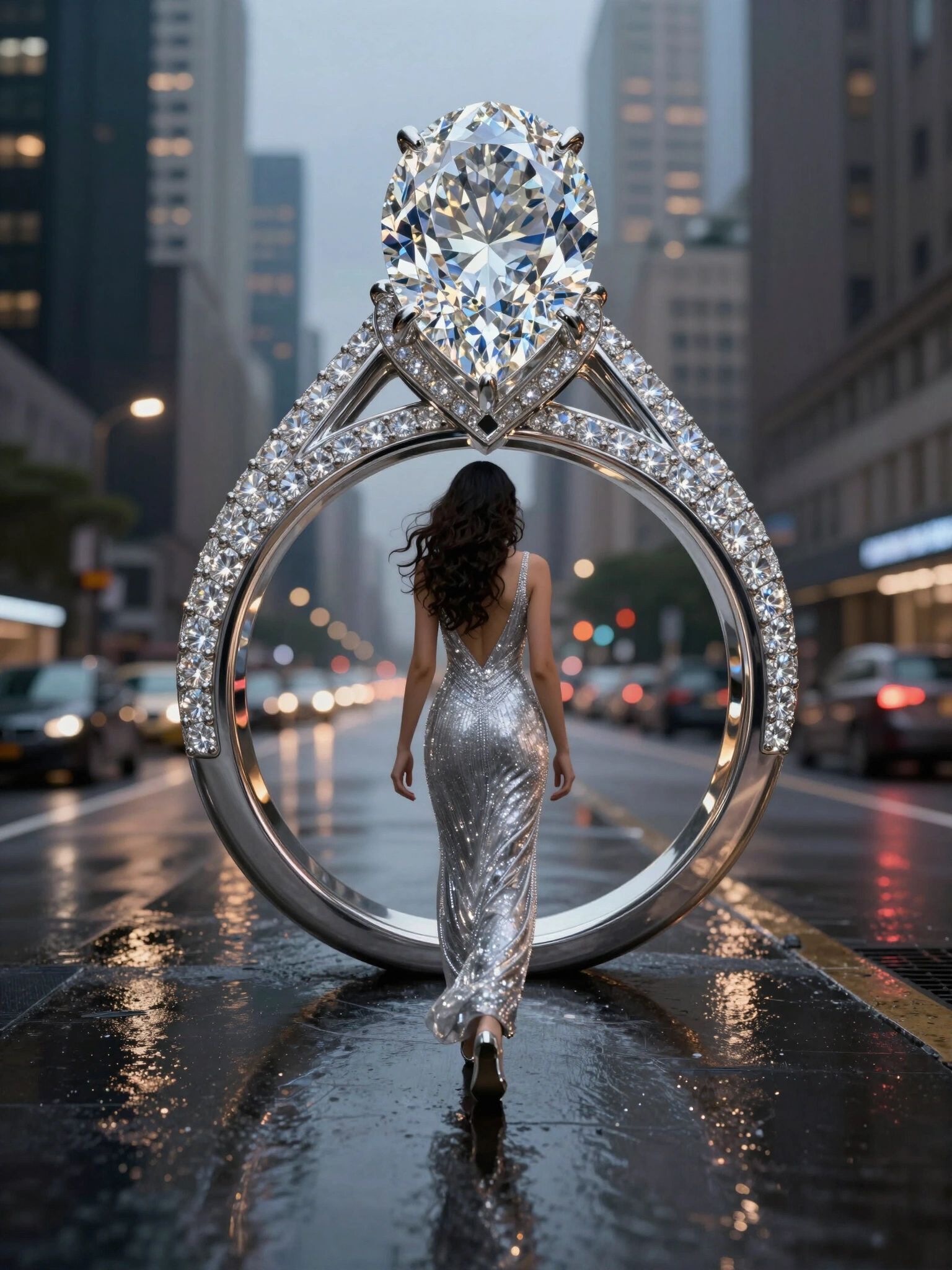 Giant diamond ring on city street with woman in silver dress walking through it