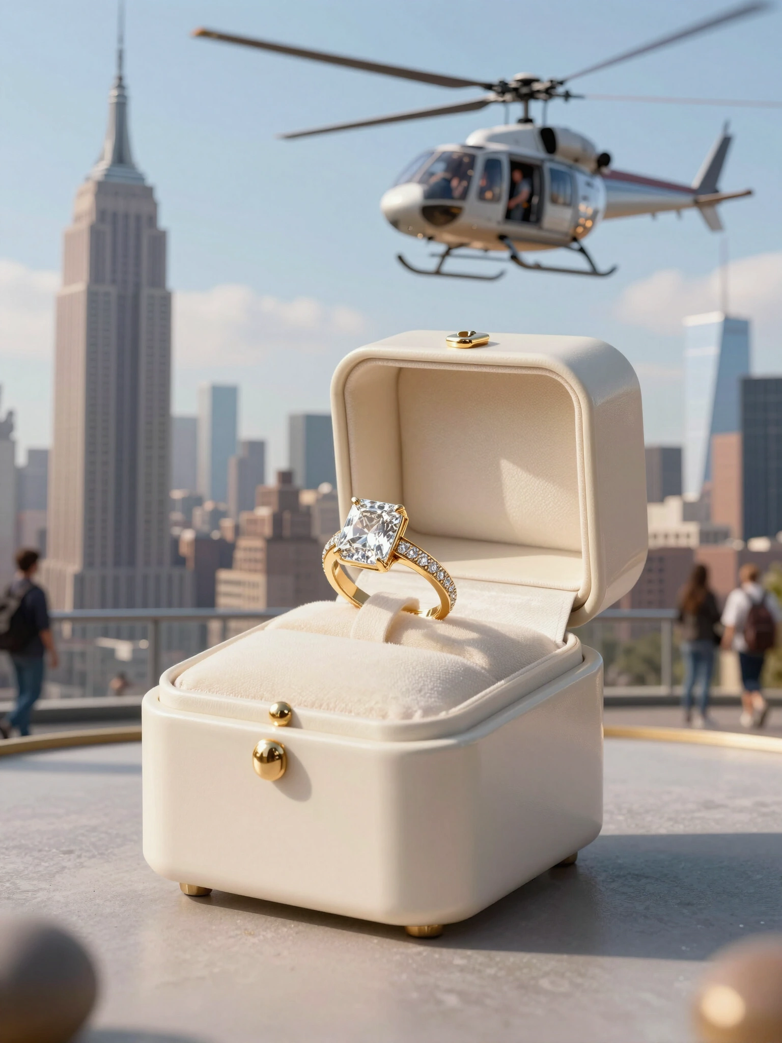 Luxury diamond ring in cream jewelry box suspended by helicopter over NYC skyline
