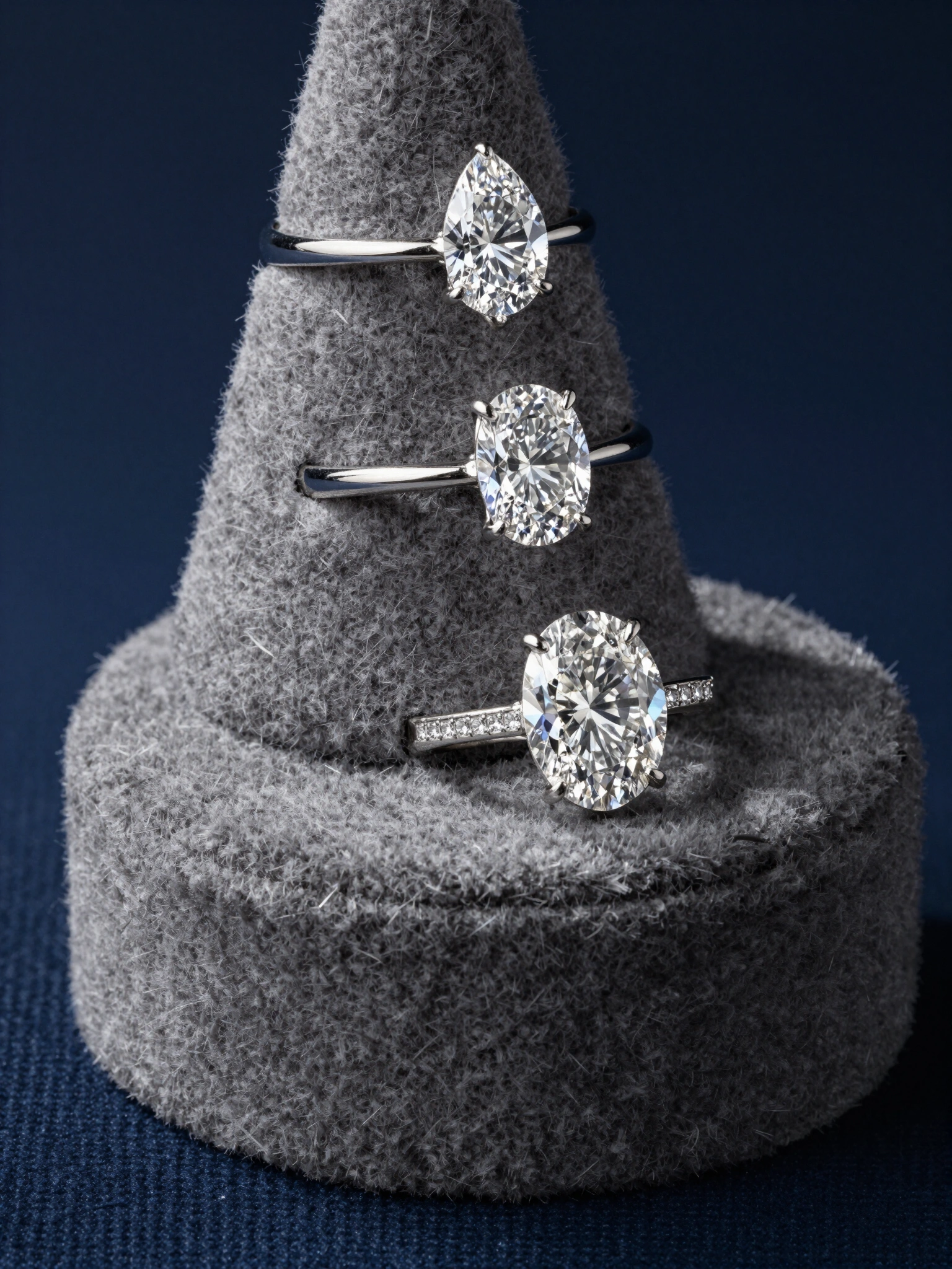 Three diamond rings on a gray fabric stand against dark blue denim