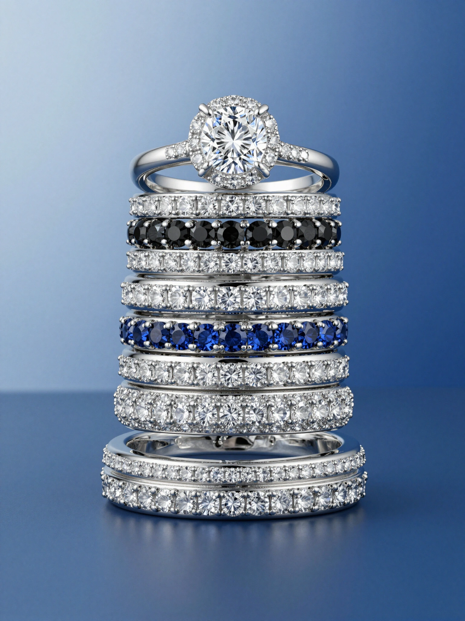 Stack of six silver rings with diamond and gemstone details on a blue background