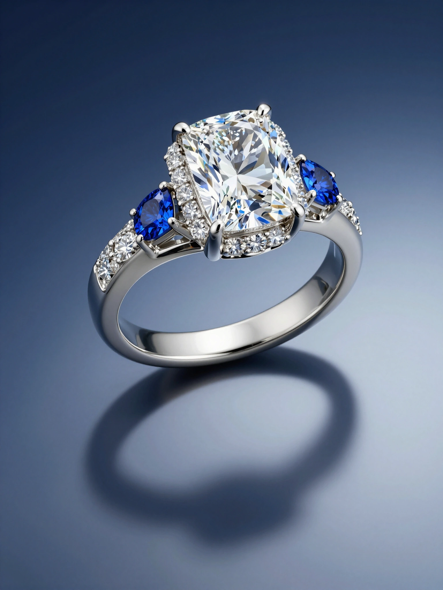 Luxury diamond ring with emerald-cut centerpiece, smaller diamonds, and blue sapphires