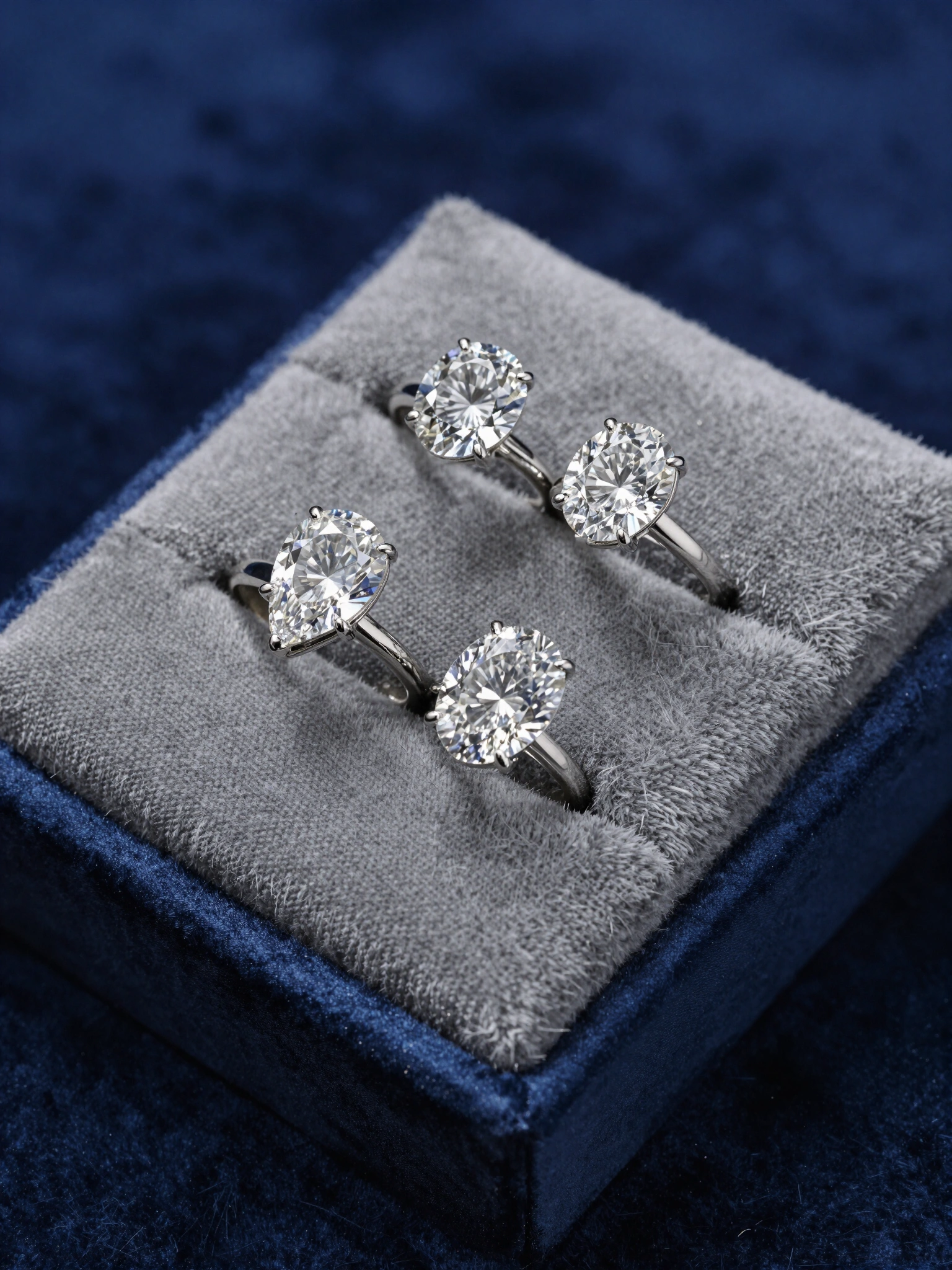 Three diamond rings on a gray fabric ring holder against a dark blue background