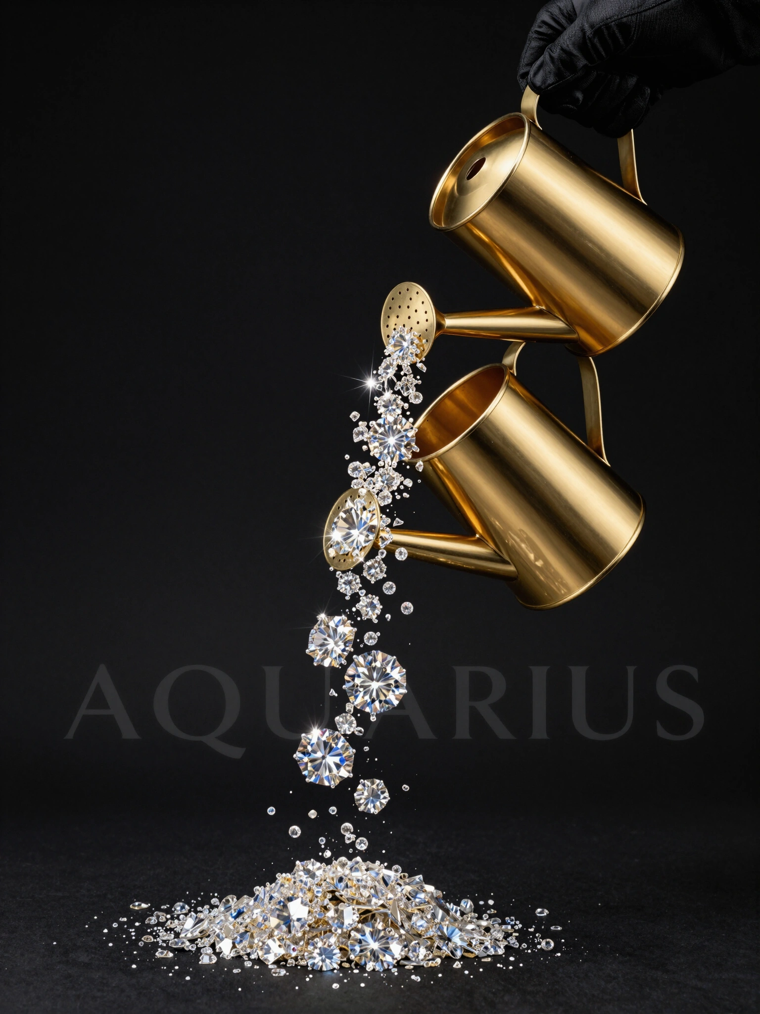 A hand in a black glove pours sparkling diamonds from a gold watering can against a black background, with the word AQUARIUS written in gray at the bottom