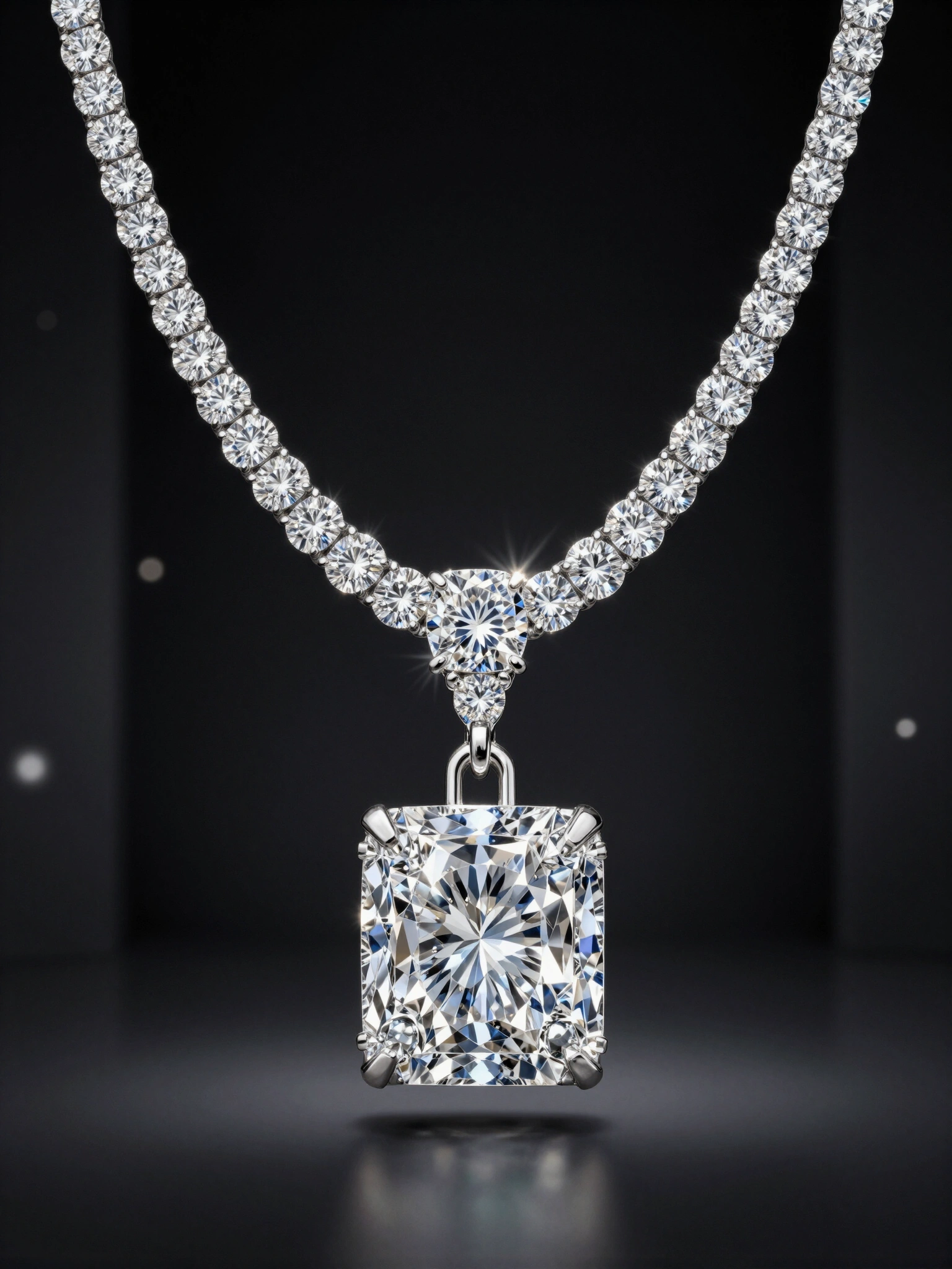 A luxurious emerald-cut diamond necklace with a large pendant and smaller round diamonds on a chain, set against a dramatic black background with a starburst effect.