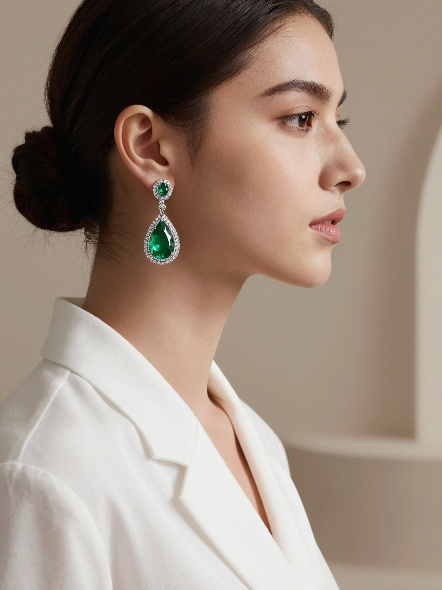 Woman wearing luxurious emerald earrings with diamond details, styled with a sleek bun and white shirt.