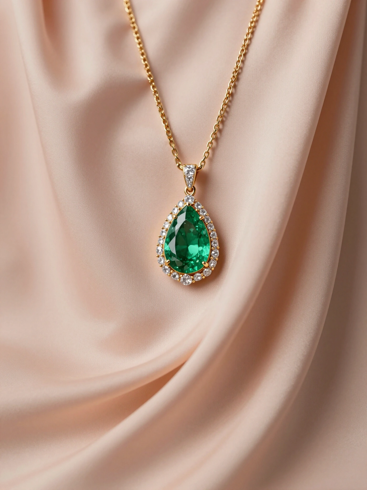 Luxury gold necklace with emerald pendant surrounded by diamonds on peach satin fabric