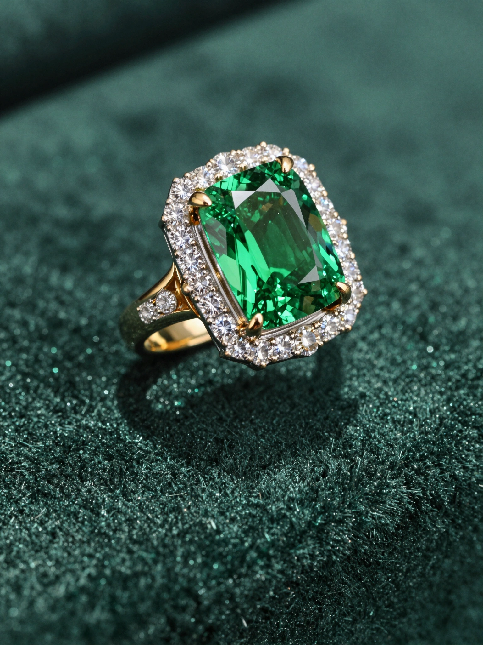 Luxury emerald ring with diamond halo on dark green fabric