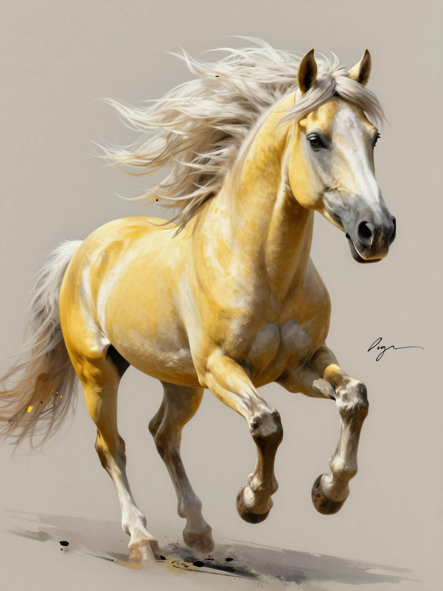 Yellow horse with white mane on beige background with black and yellow brushstrokes