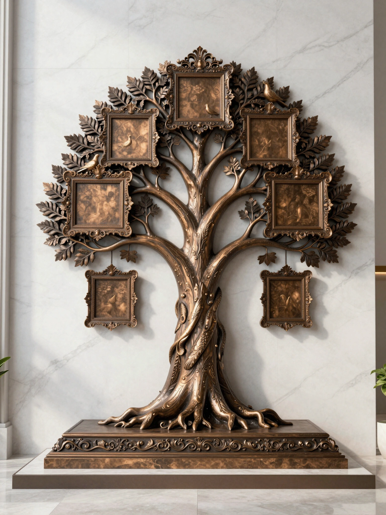 A luxurious bronze family tree monument with five ornate frames and two doves, set against a white marble background.