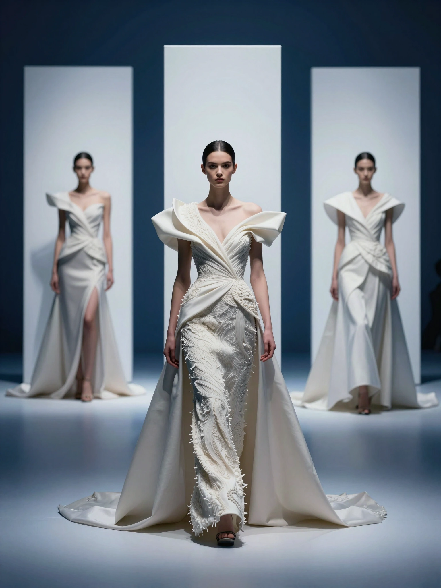 Three models on a runway in front of blank white canvases, illuminated by spotlights, against a dark blue wall and floor.