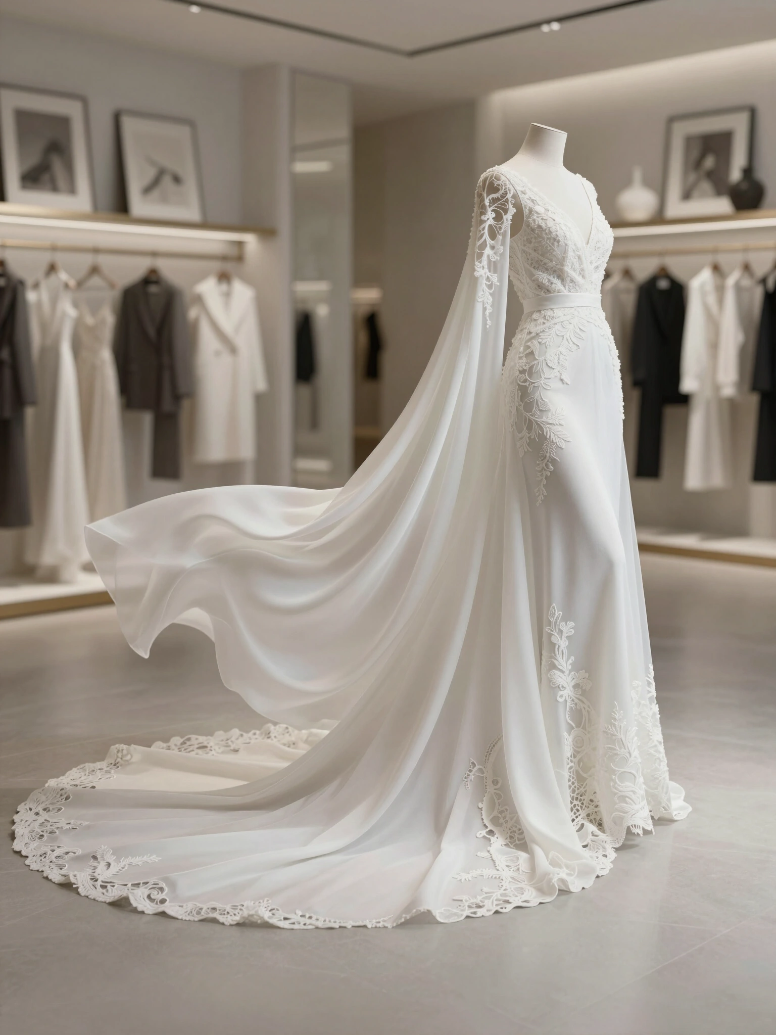 Luxury fashion editorial image with white gown and lace details in a high-end boutique setting