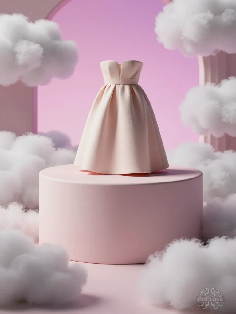 Luxurious fashion product displayed on a podium surrounded by clouds against a pink to purple gradient background