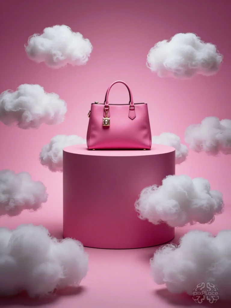 Luxury fashion product displayed on pink podium with white clouds