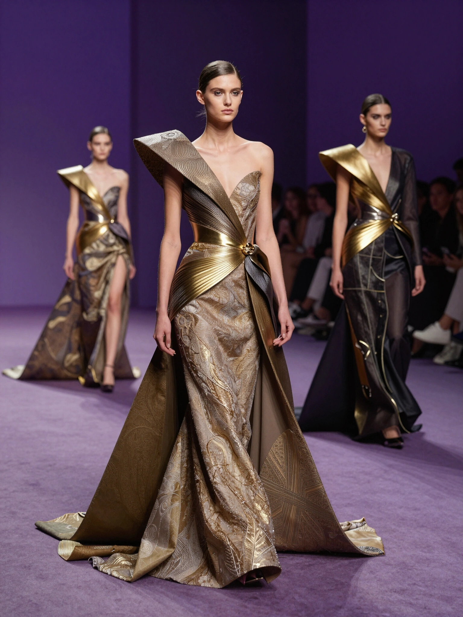 Luxury fashion models showcasing avant-garde designs on a purple-lit runway