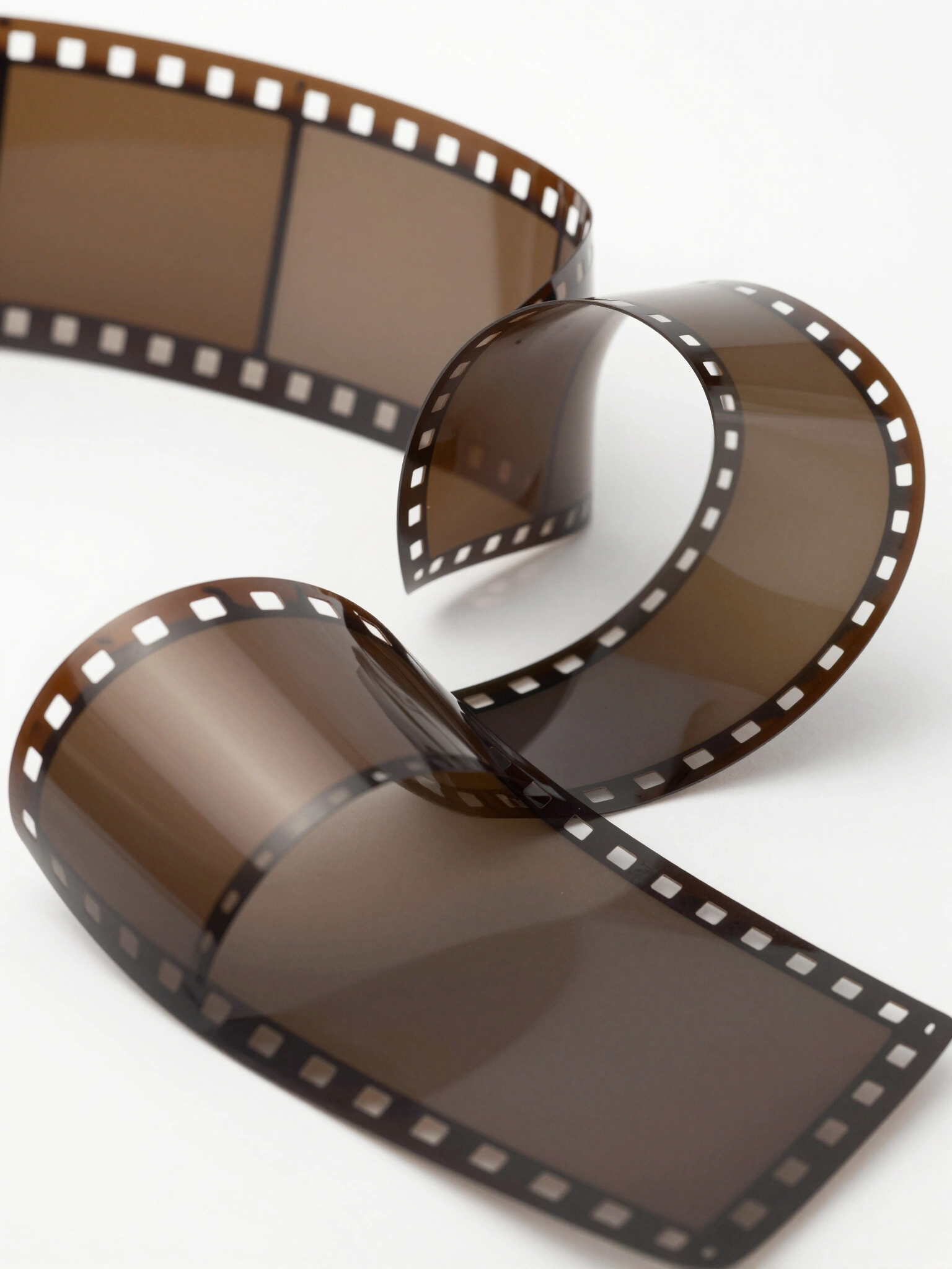 A luxurious film strip mockup with a metallic sheen, curled and laid out against a white background.