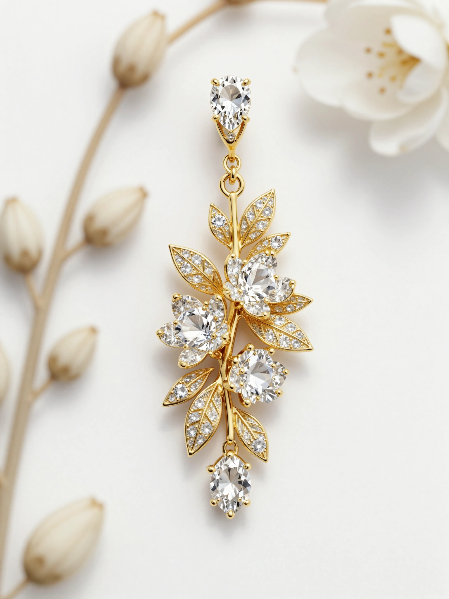 Elegant gold earring with floral design and white gemstones on a white background with cream-colored flower stems.