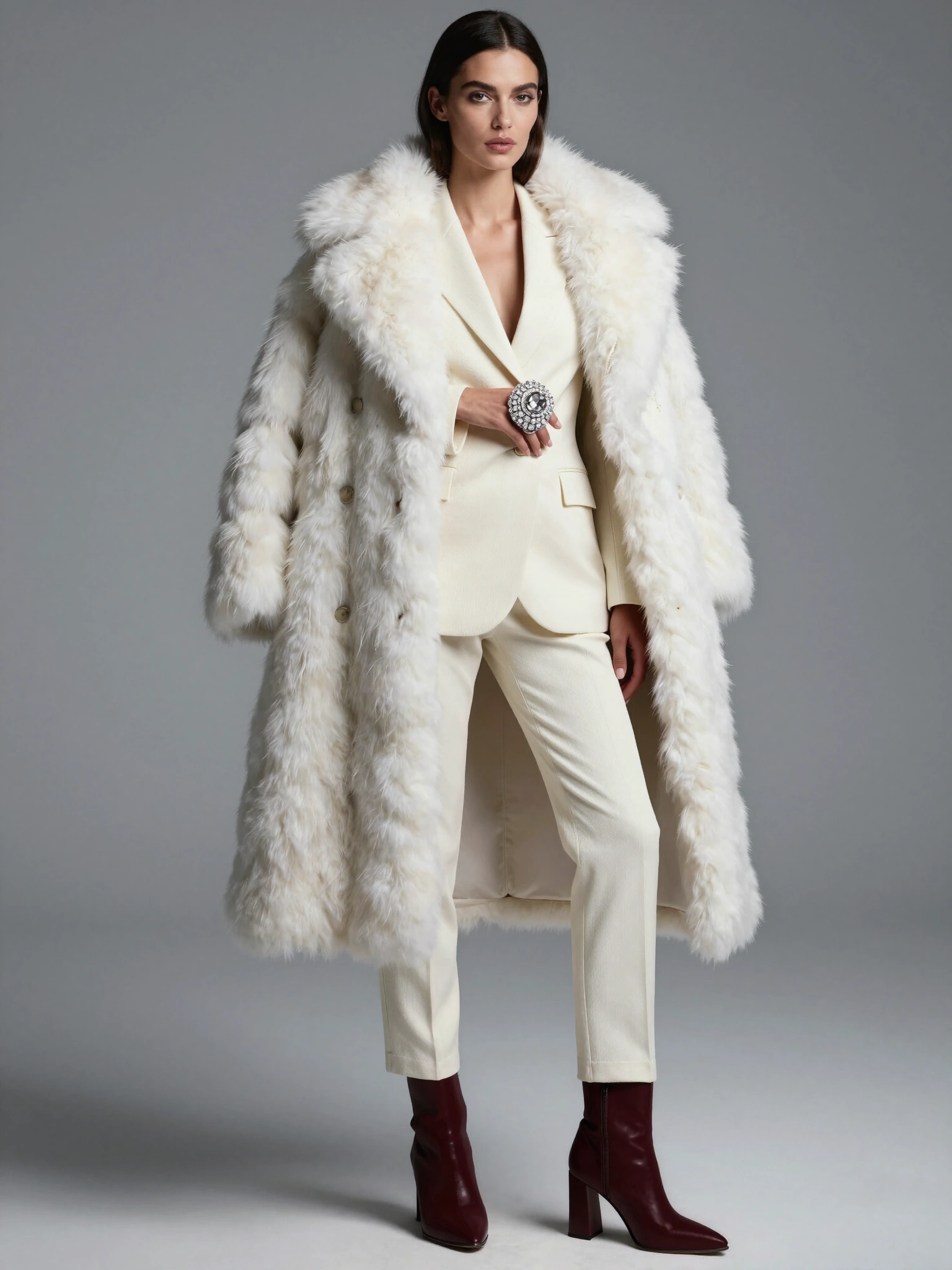 Woman wearing white fur coat and holding large ornate silver ring, dressed in cream-colored suit and dark red boots.
