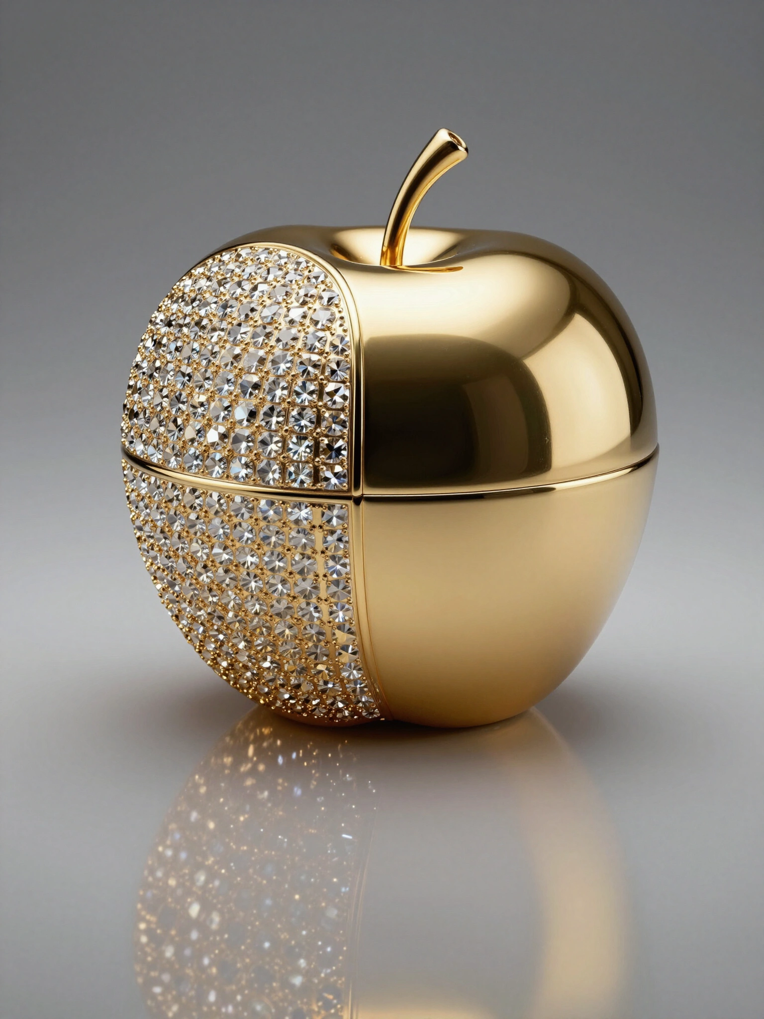 Luxurious gold apple container with diamond details on a gray gradient background