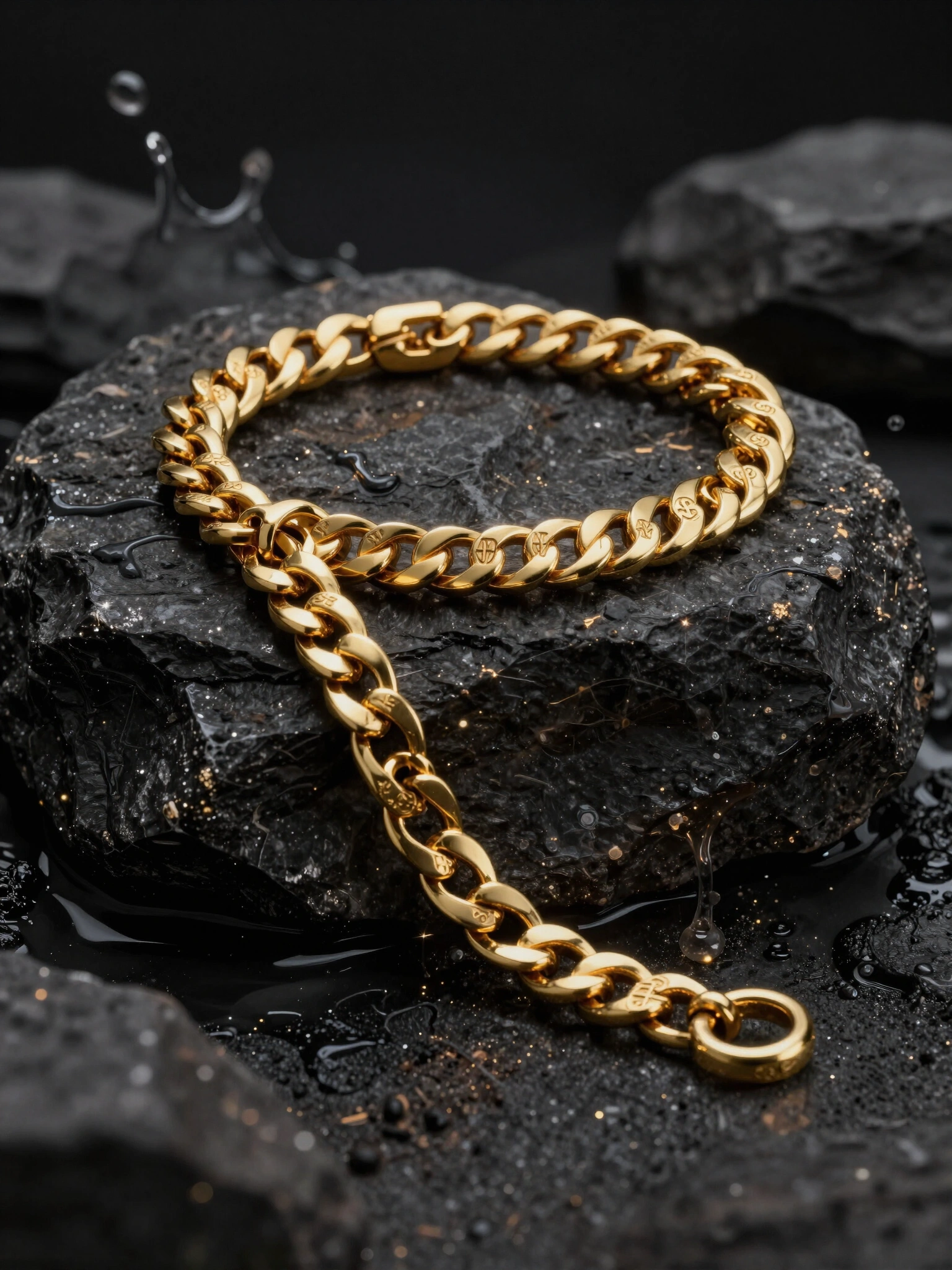 Gold chain bracelet with engraved logos on a dark rock with liquid splashes
