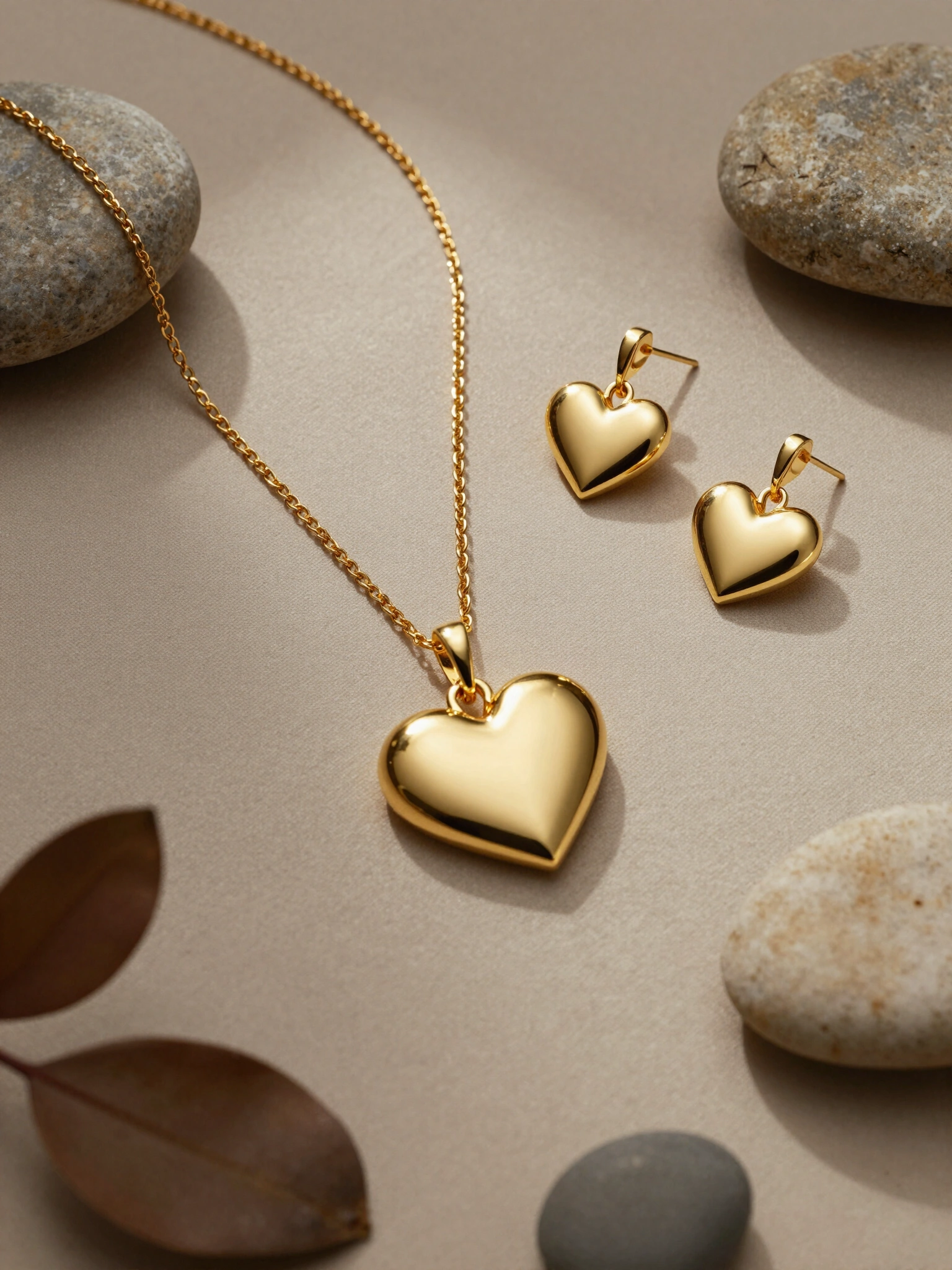 Gold heart-shaped jewelry set on beige fabric with natural elements
