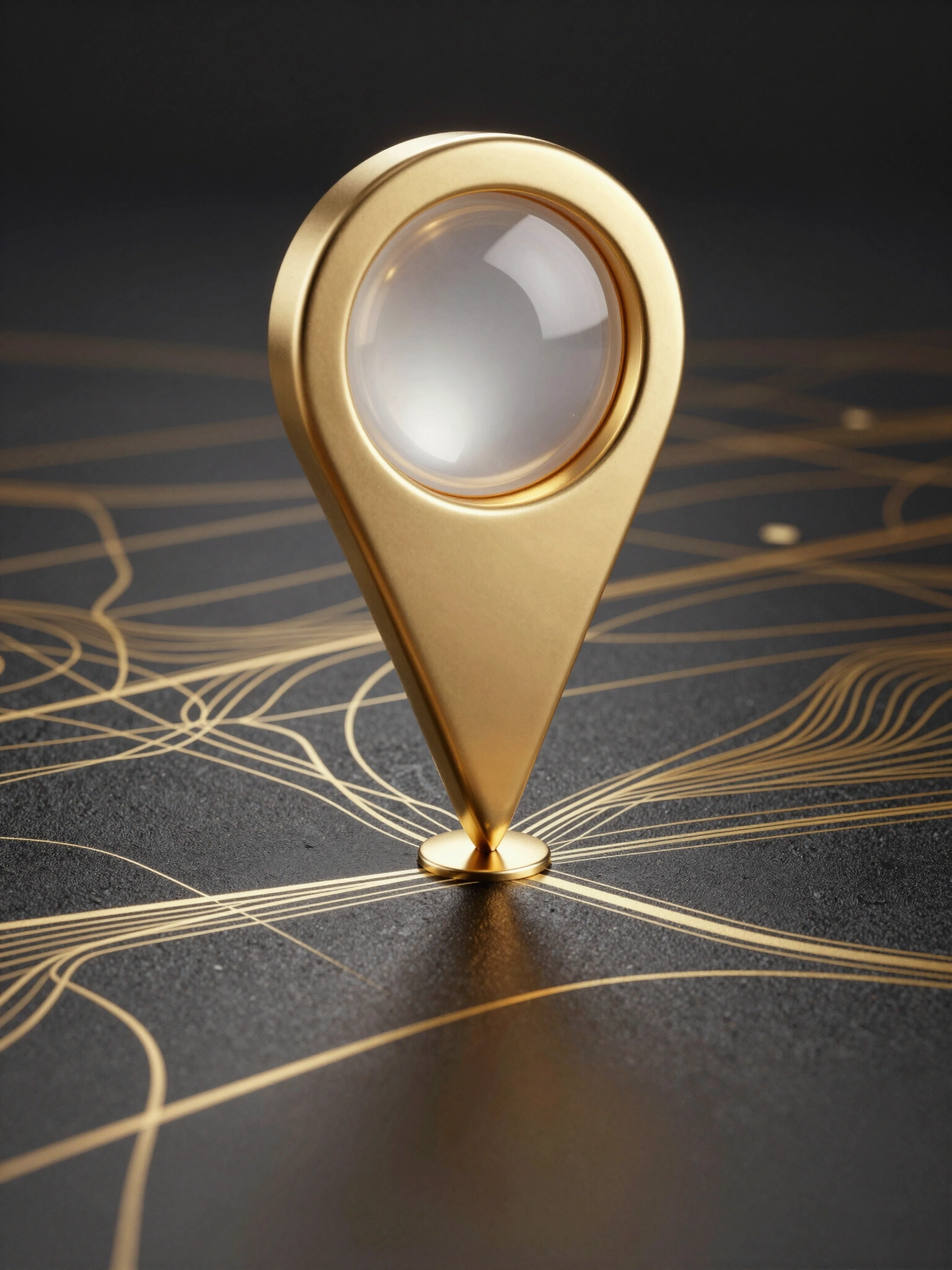 Gold location pin on a black and gold map background with intricate gold pathways.