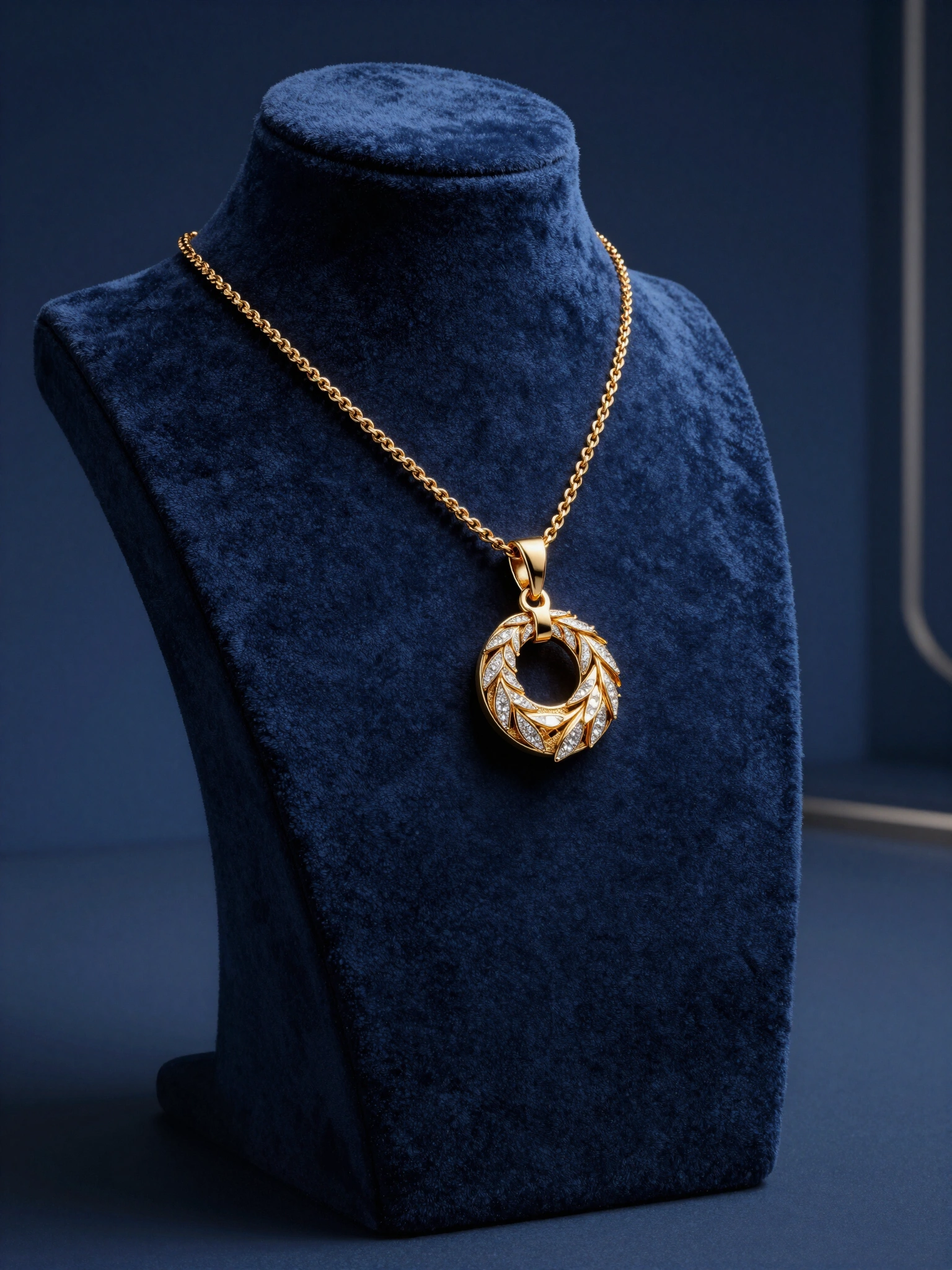 Gold necklace with circular leaf pendant on navy blue velvet mannequin