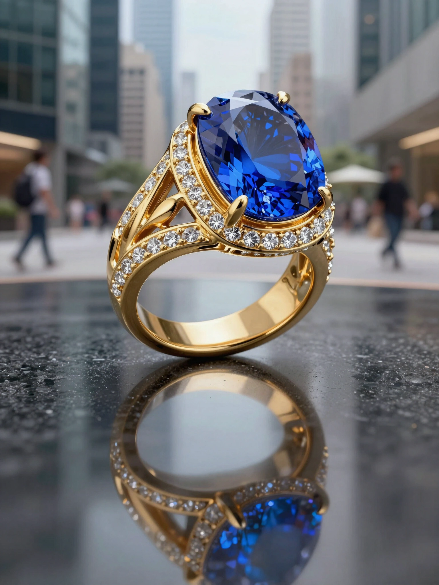 Luxurious gold ring with blue gemstone and diamond details on a reflective surface against a city background