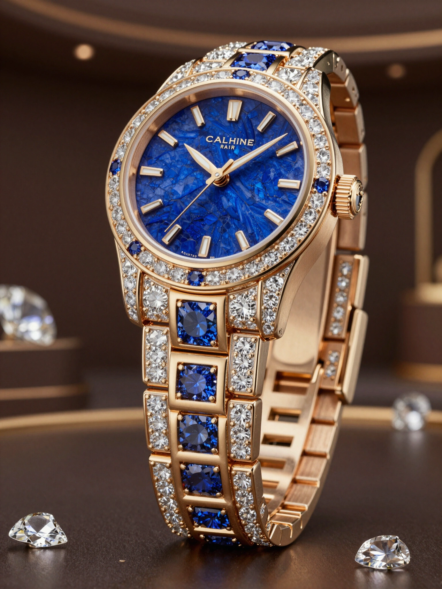 Luxury gold watch with blue lapis lazuli face, diamond and sapphire details, on dark brown background.