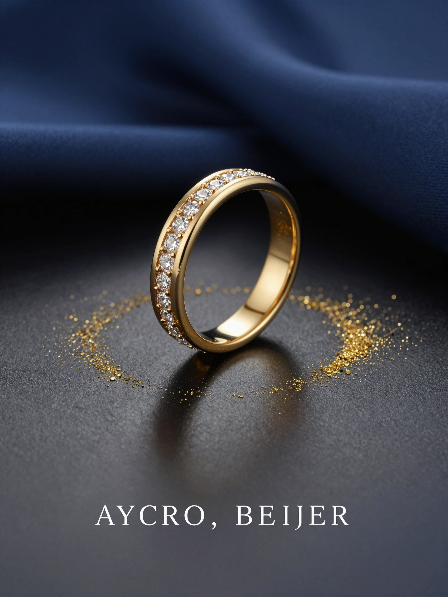 Gold wedding band with diamonds on black surface with dark blue fabric