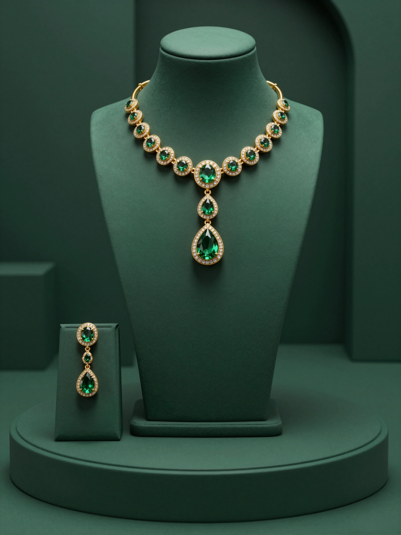 Luxury gold jewelry set with green gemstones on dark green mannequin bust