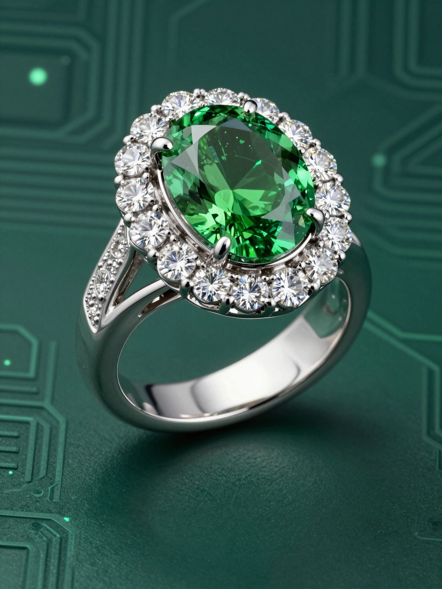 A luxurious silver ring with a large oval green gemstone and a halo of white diamonds on a dark green circuit board background.