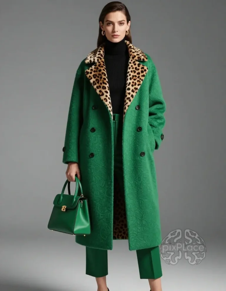 Woman wearing a green coat with leopard print accents and carrying a green handbag.
