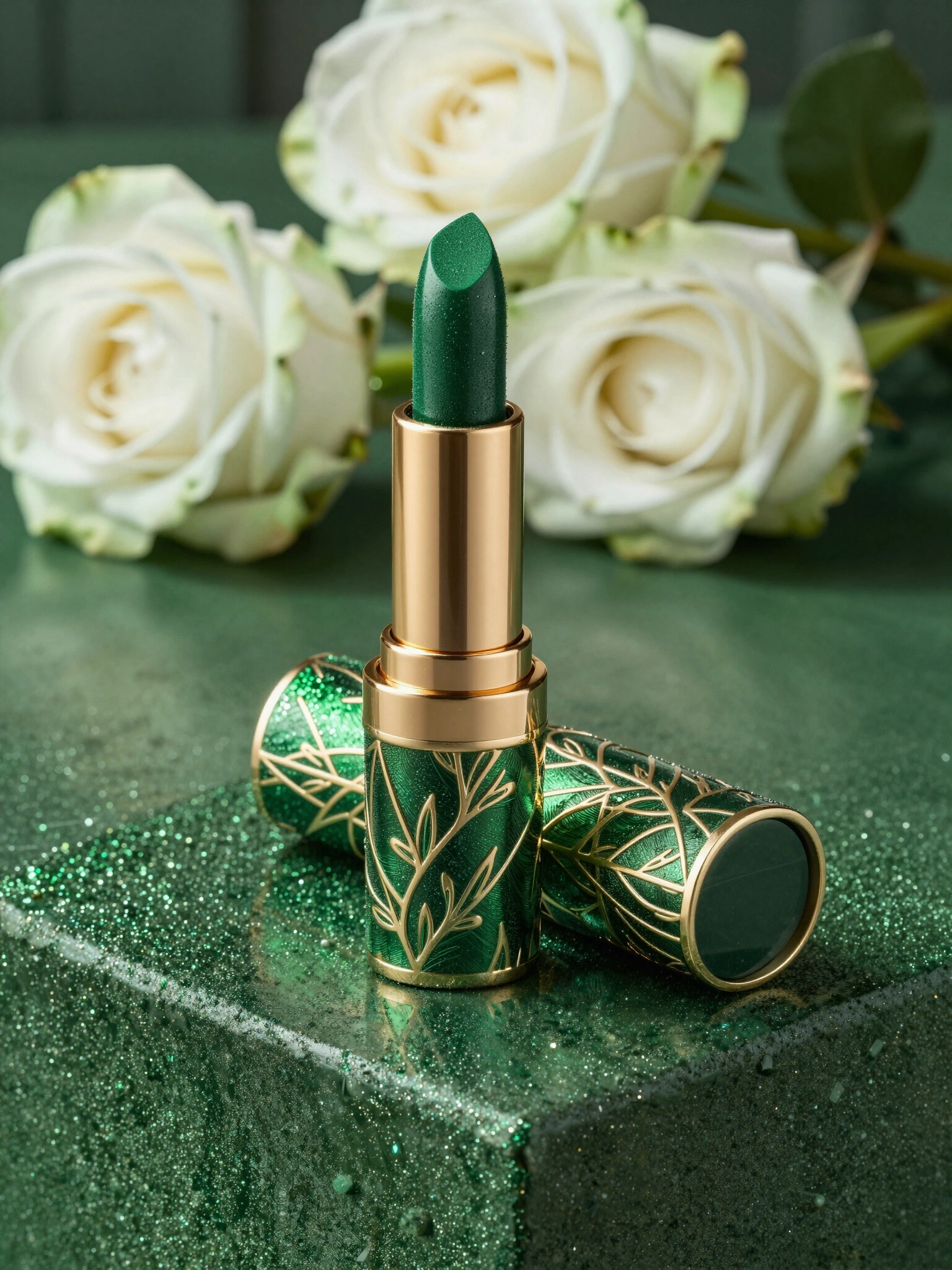 Luxury green lipstick on a glittering green surface with white roses
